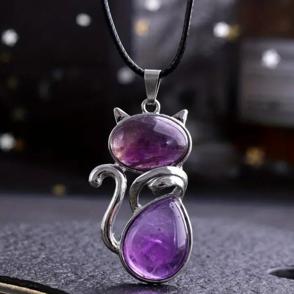 Amethyst Natural Stone Cute Cat Pendant Necklace - Picture 2 of 4